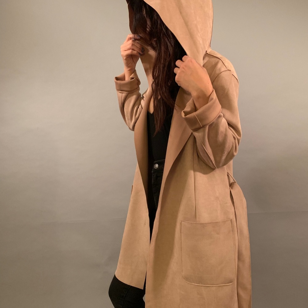 Zara Dusty Pink Blush Suede Open Coat w/ Hoodie
